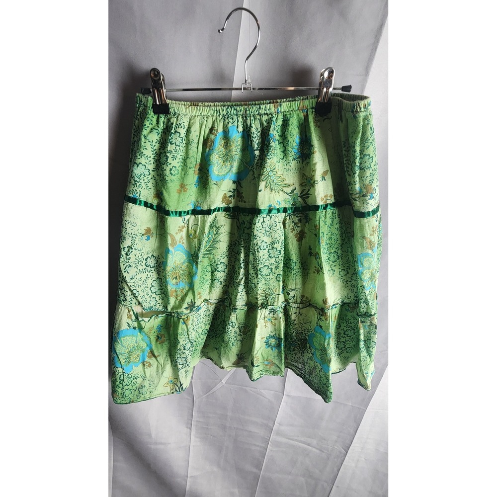 Joe Benbasset Green Floral Cotton Tiered Boho Summer Midi Skirt Womens Medium